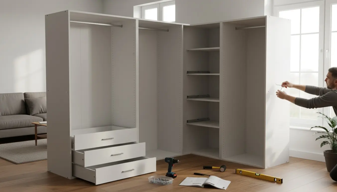 Delvist samlet hjørneskab med fire skuffer på gulvet og værktøj i en lys lejlighed.