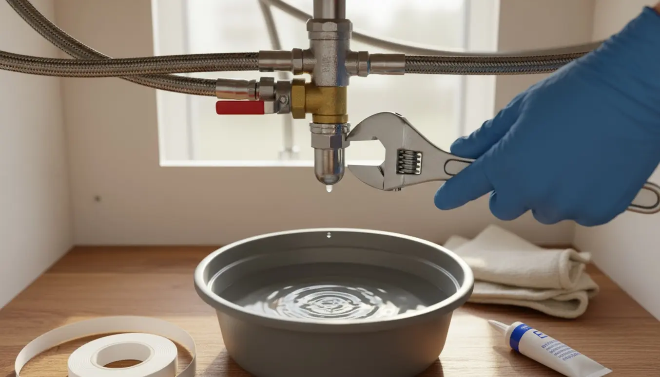 Nærbillede af tætning ved Ballofix T-stykke under køkkenvask med værktøj og spand til at opsamle dryp.