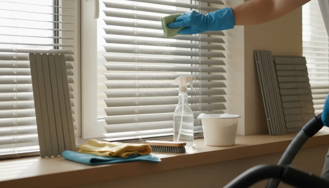 Hænder i handsker rengør smalle 2,5 mm lamelpersienner ved et solfyldt vindue med rengøringsudstyr på vindueskarmen.