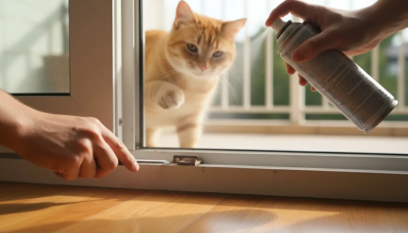 Hænder smører og løsner en fastsiddende altandørlås ved fodlisten mens en kat venter ude på altanen.