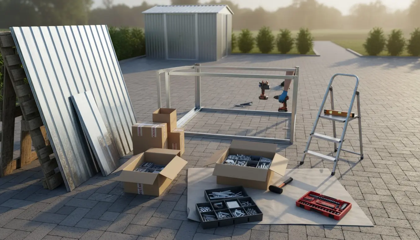 Opsætning af stort metalhaveskur på flisebelagt terrasse med åbne papkasser og værktøj.