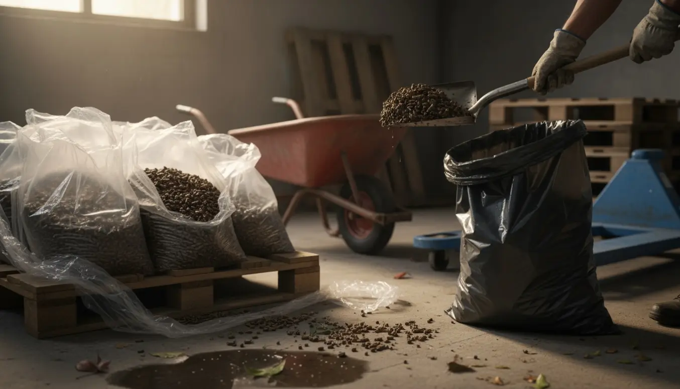 Halv palle våde træpiller, handsker skovler sammenklumpede piller i en affaldssæk i en garage.