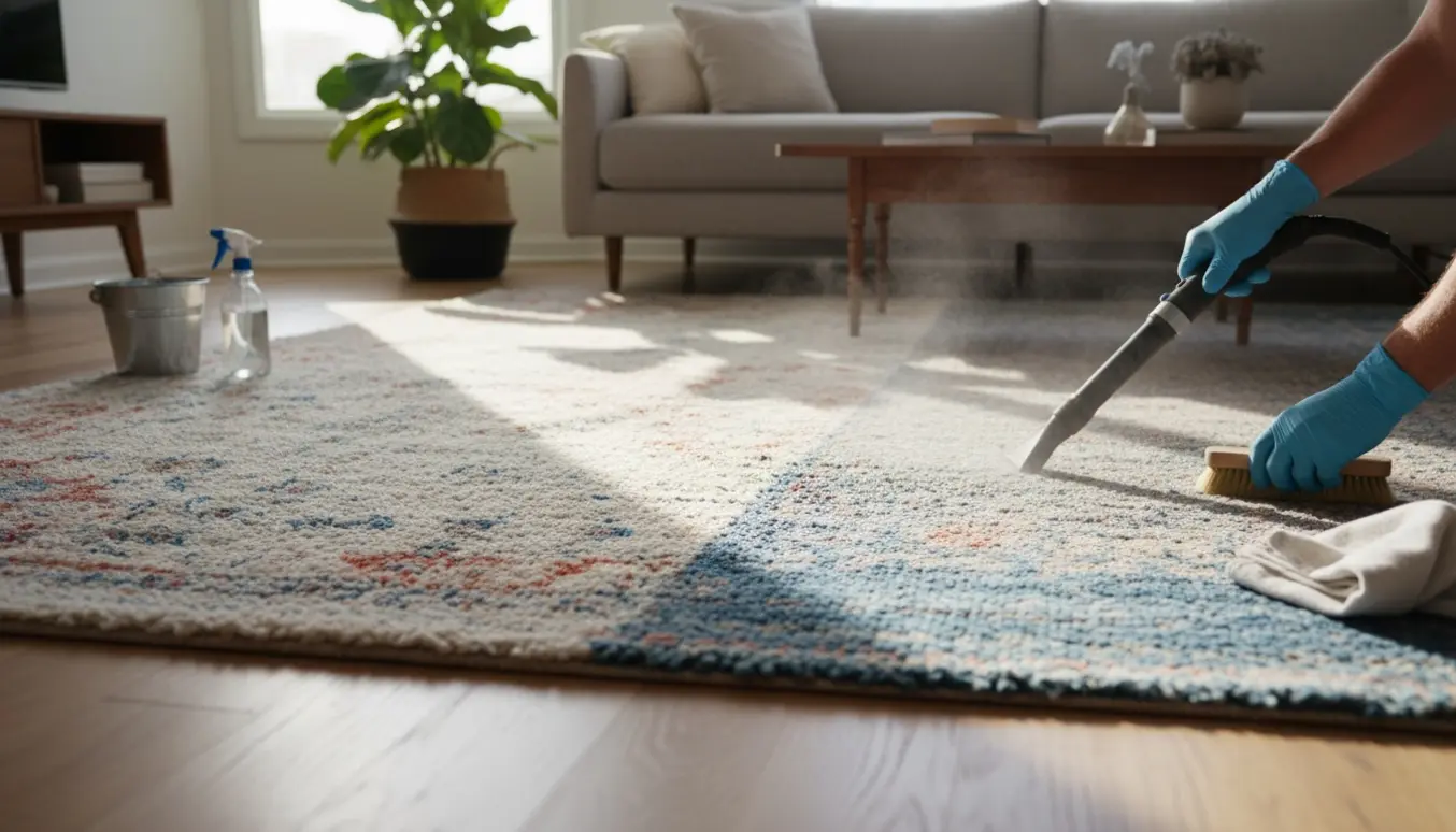 Et uldtæppe i en lys stue under grundig rensning, hvor den rensede del fremstår frisk og luftig.