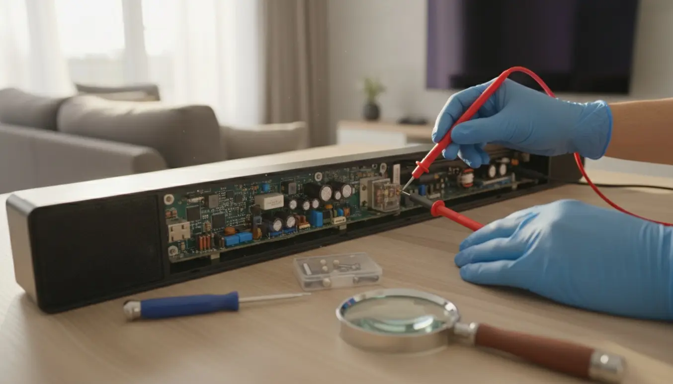 Nærbillede af en sort soundbar uden mærke, åben på et bord mens hænder tester en sikring med multimeter.