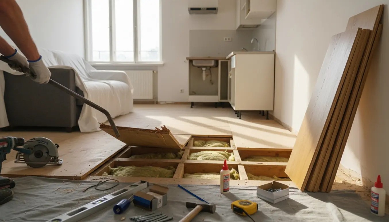 Hænder løfter gamle plankebrædder i en lejlighed med nye plankegulve og værktøj klar til udskiftning.