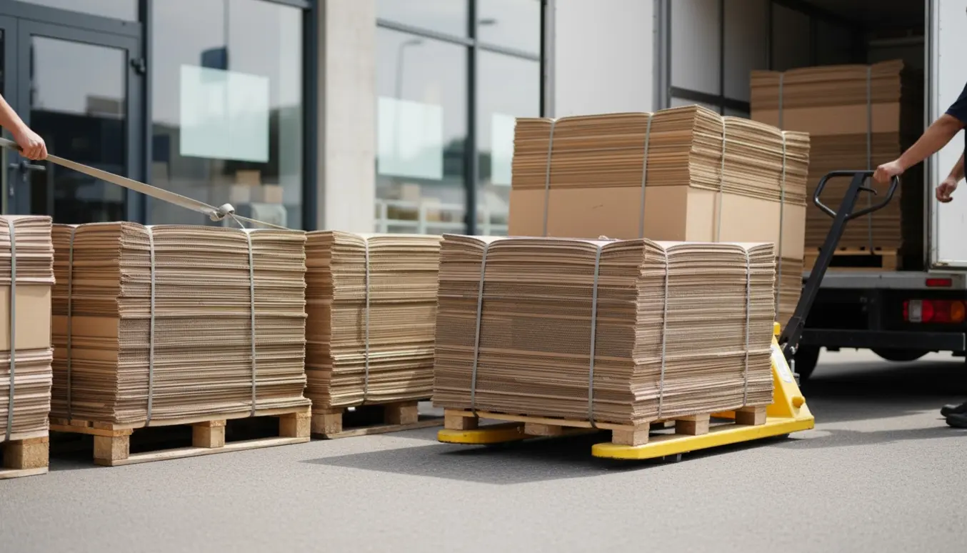 Sammenbundne paller med papaffald ved butikkens indgang, klar til afhentning med palleløfter og varevogn.