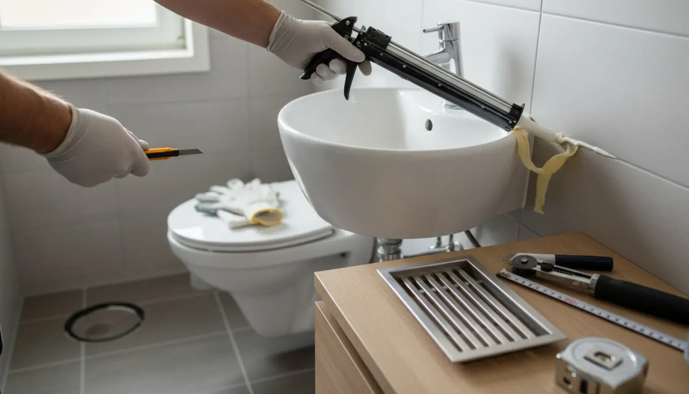 Nærbillede af hænder, der fuge ved håndvasken og tilskærer en ny afløbsrist i et lyst badeværelse.