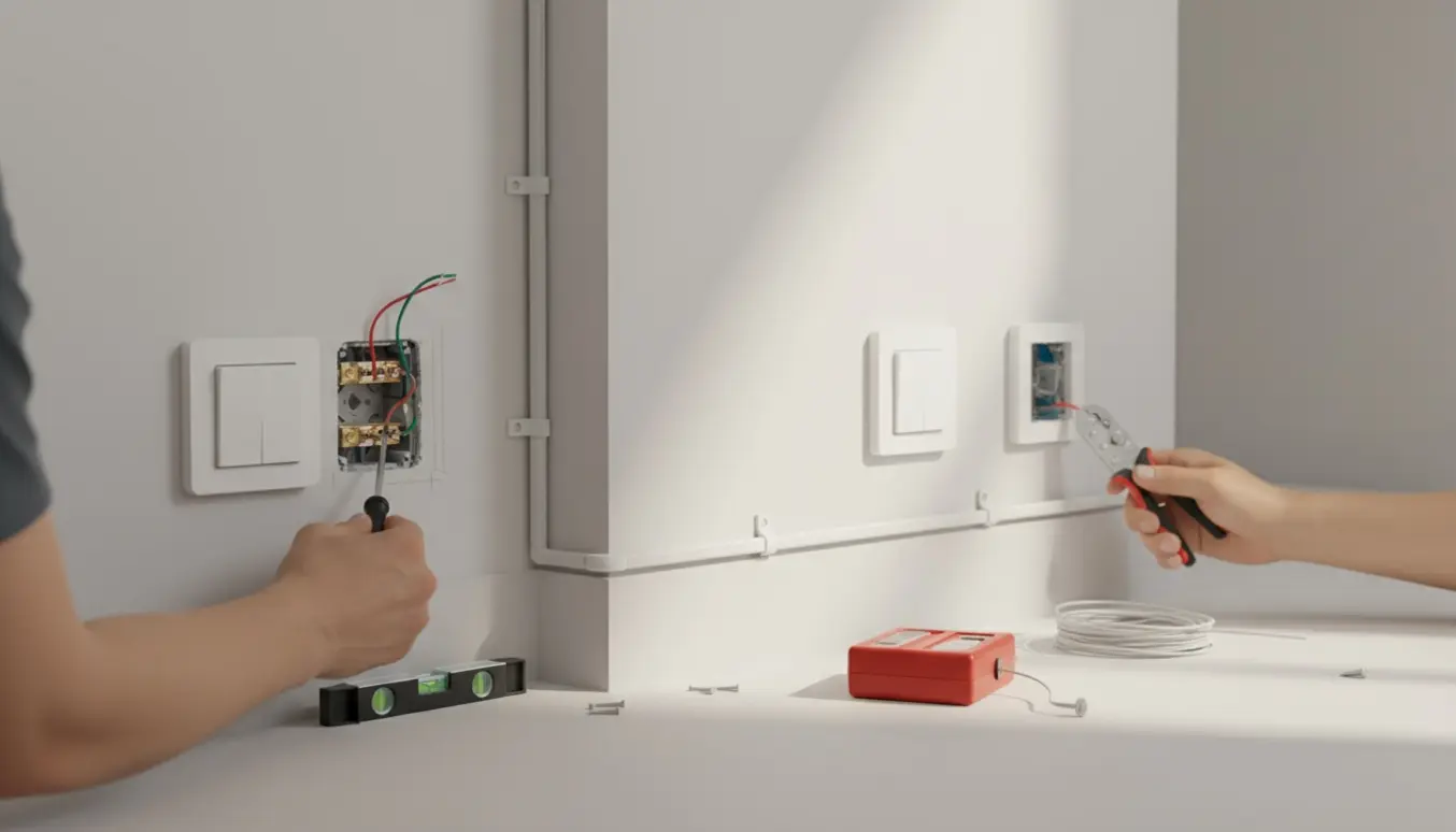 Elektriker monterer en dobbeltkontakt i hjørnet og en enkeltkontakt 1,5 meter væk med pæn kabelføring langs væggen.