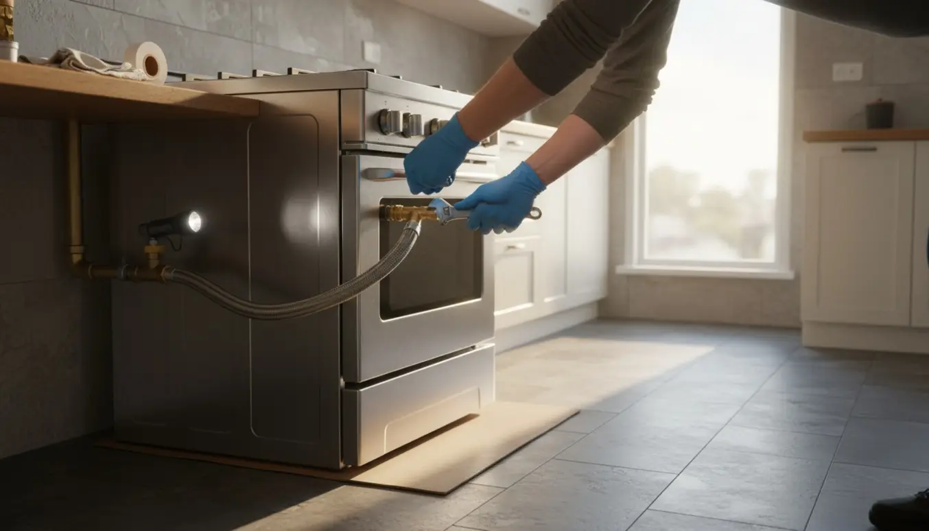 Nærbillede af hænder, der afmonterer et gaskomfur med skruenøgle ved en afspærringsventil i et lyst køkken.