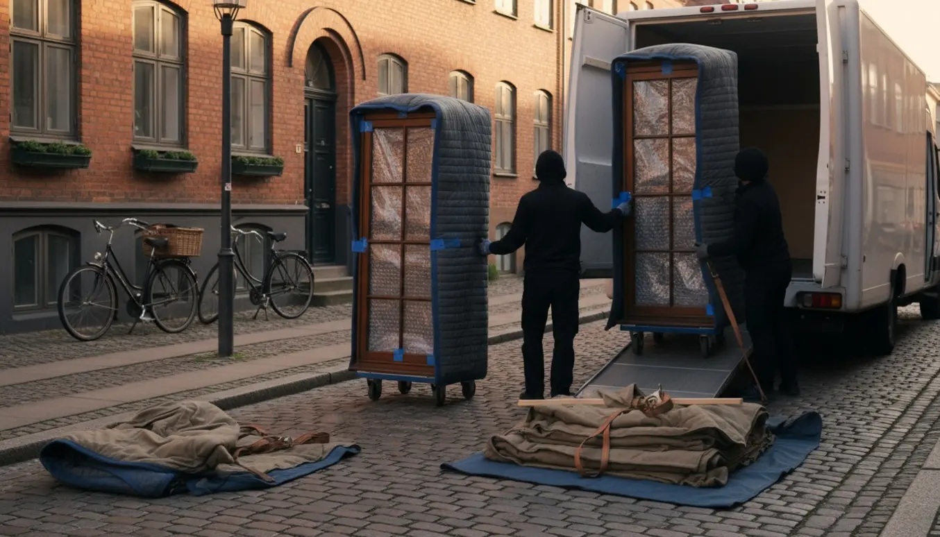 To vitrineskabe på vej ind i en åben varevogn på en brostensgade i Odense C klar til transport.