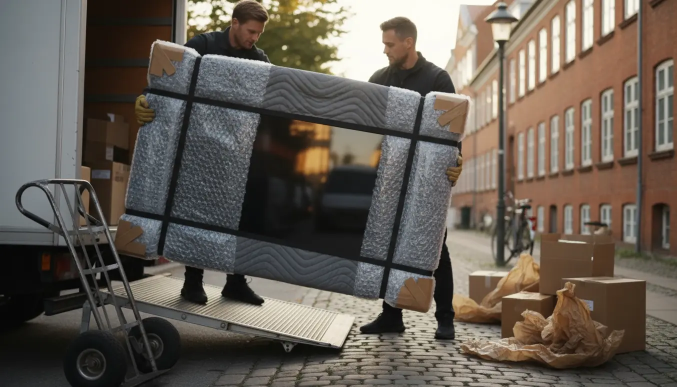 To flyttefolk læsser et indpakket 65-tommer TV på en varevogn på en stille gade i Odense.