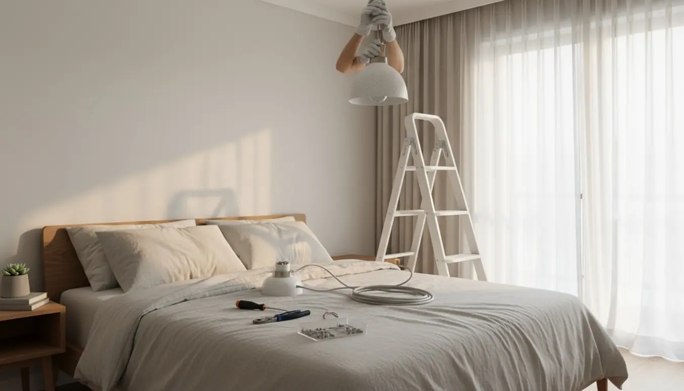 Nærbillede af hænder, der installerer en ny loftlampe i et lyst soveværelse.