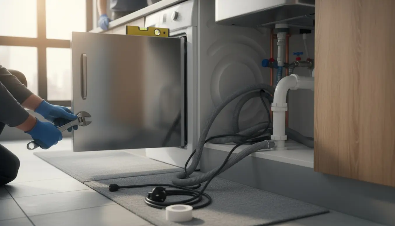 Montør tilslutter slanger og værktøj ved montering af vaskemaskine og opvaskemaskine i et lyst køkken.