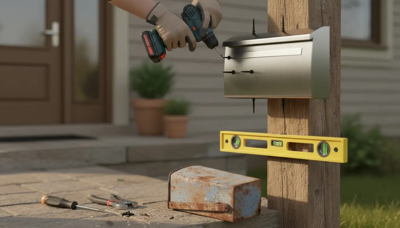 Hænder installerer en ny postkasse ved indgangen mens den gamle, rustne postkasse ligger på jorden.