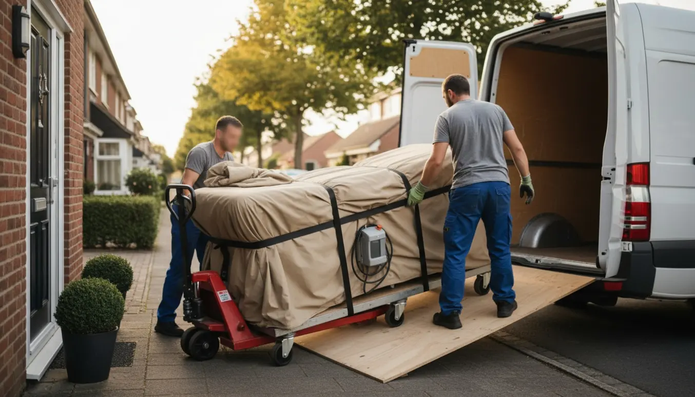 Flyttefolk transporterer en tung elektronisk behandlerbriks ind i en flyttevogn på en stille boligvej.