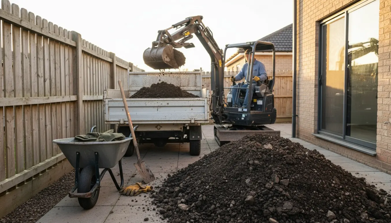 Mini gravemaskine laster jord fra en stor jordbunke i baghaven ved huset, med skovle og trillebør i nærheden.