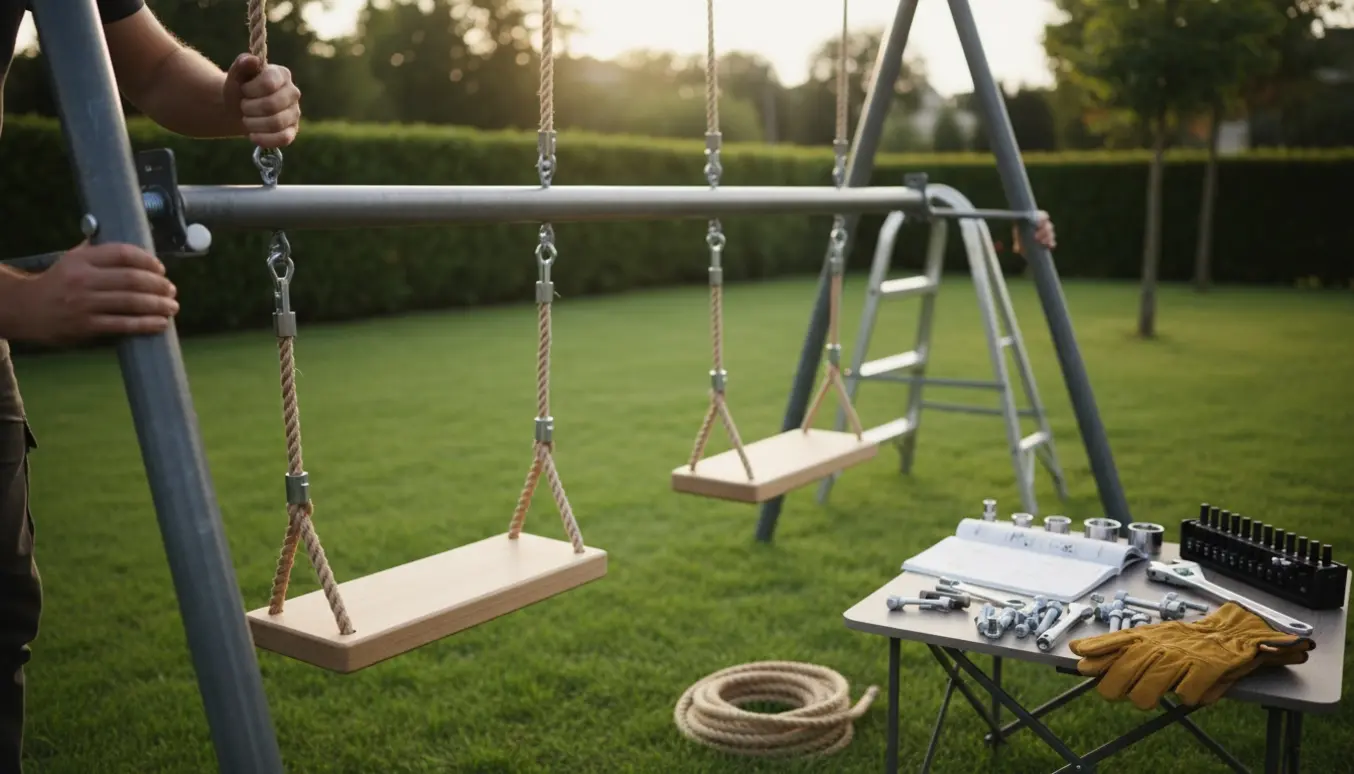Opsætning af klassisk gyngestativ i haven med to gynger, værktøj og manual.