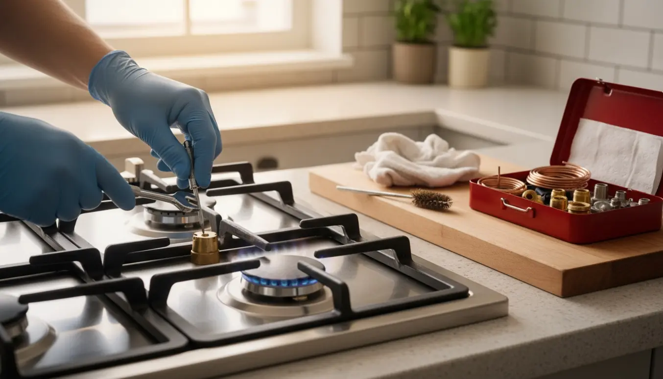 Nærbillede af hænder, der reparerer et gasblus med værktøj og reservedele på køkkenbordet.