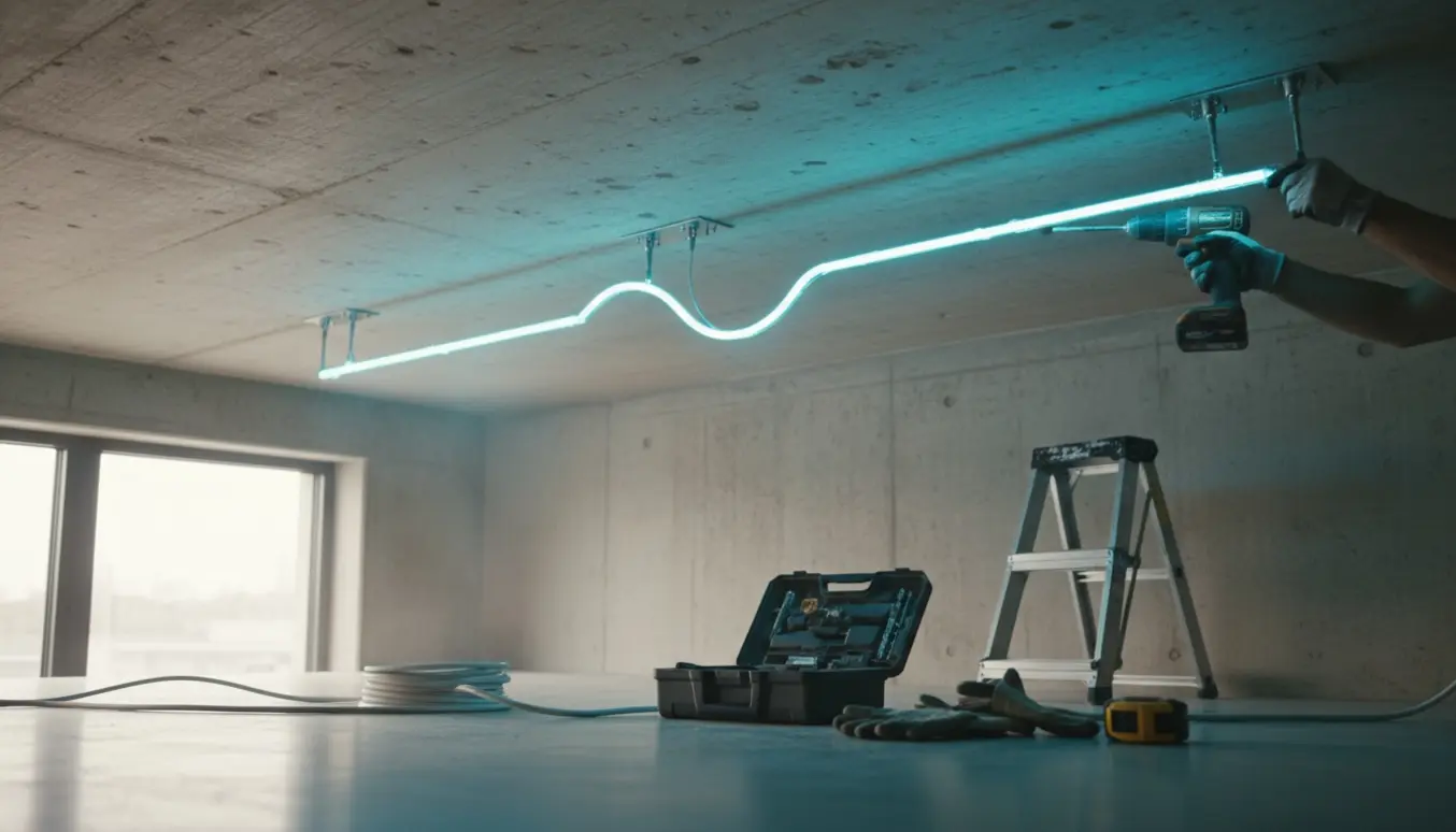 Hænder på en stige monterer en kraftig neonlys under et råt betonloft.