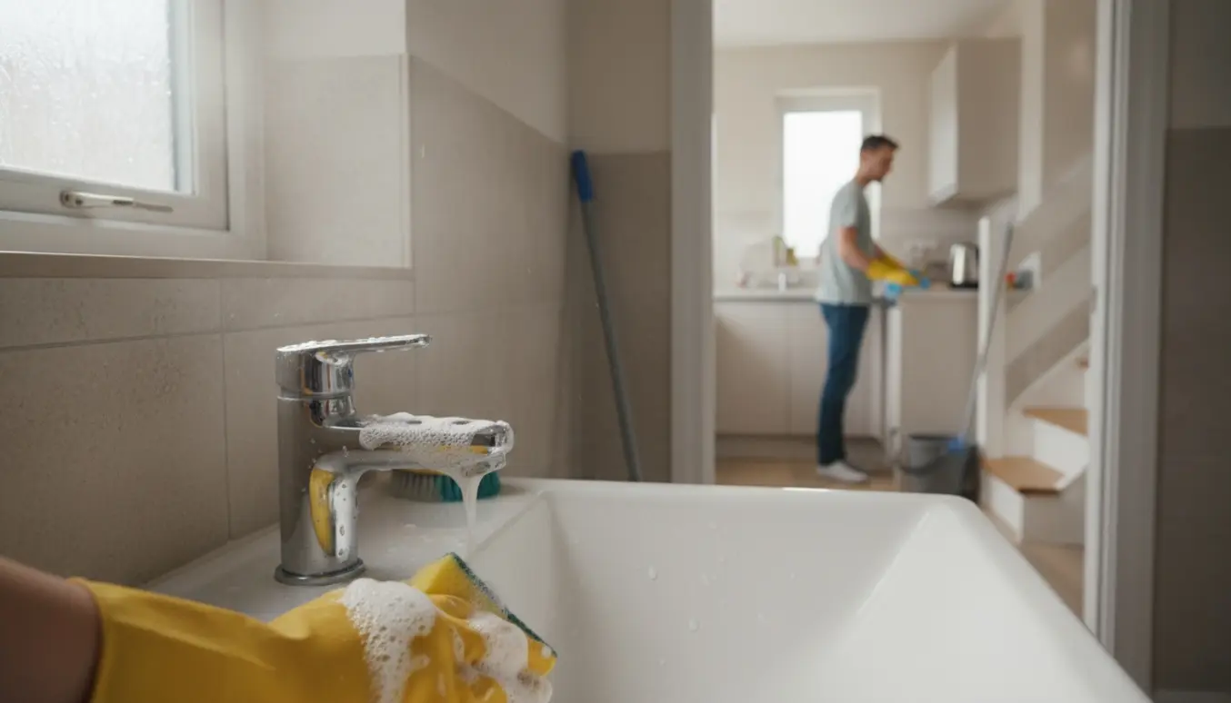 Hænder i gummihandsker fjerner kalk fra et forkromet armatur i et lyst rækkehusbadeværelse med køkken i baggrunden.