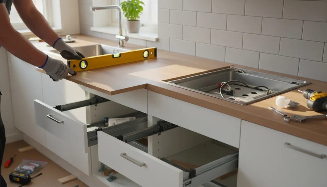 Montør justerer bordplade og installerer vask og kogeplade på færdigmonterede køkkenskabe.