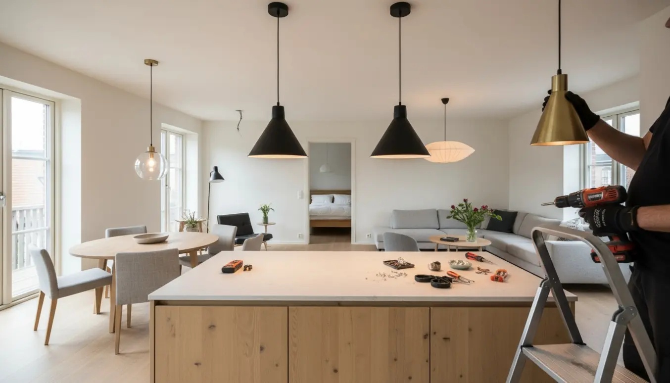 Installatør monterer lamper over køkkenø, spisebord og sofabord i en åben, skandinavisk lejlighed.