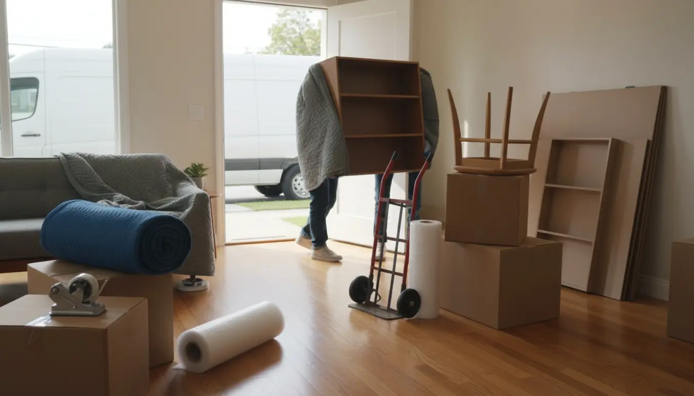 Møbler og papkasser bæres fra en lys stue ind i en åben flyttevogn.