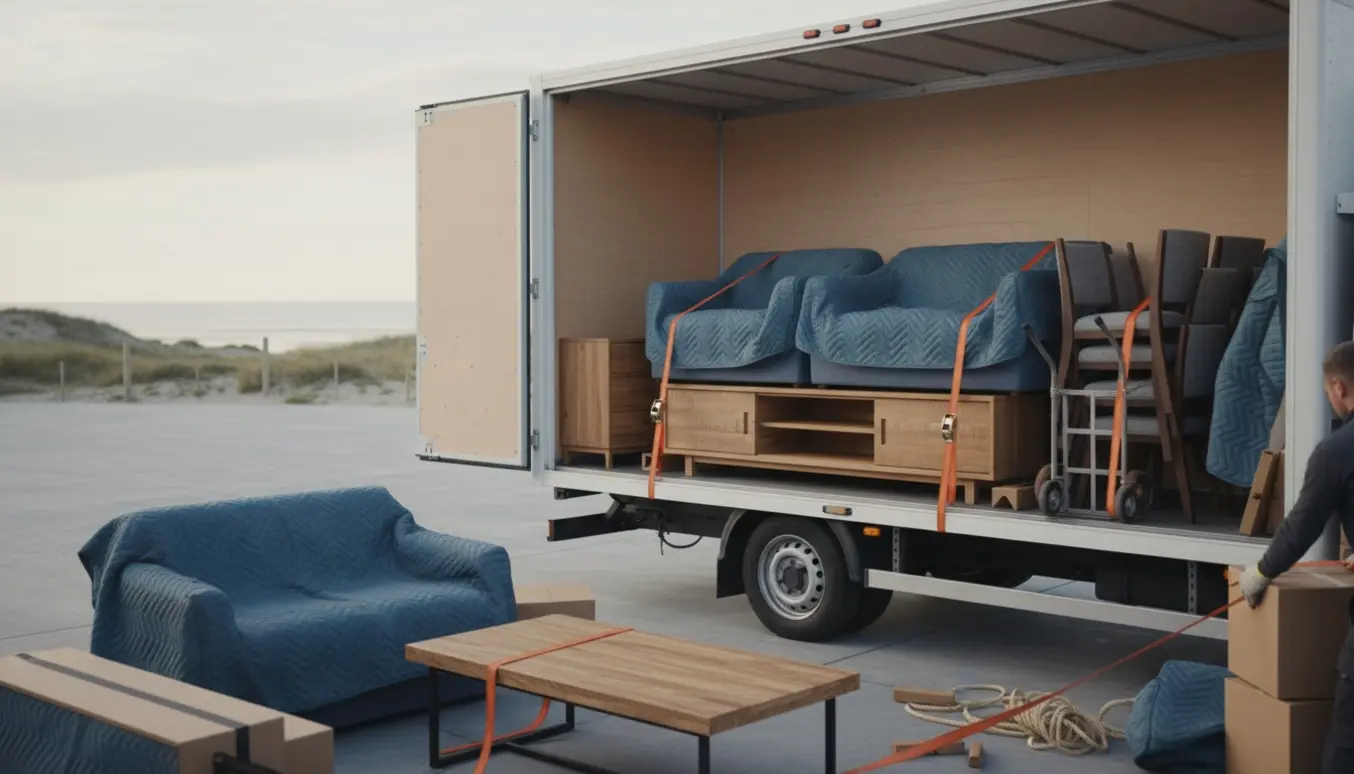 Flyttebil på en flad indkørsel med to sofaer, sofabord, TV-bord, otte stole og en lille kommode klar til at blive læsset.