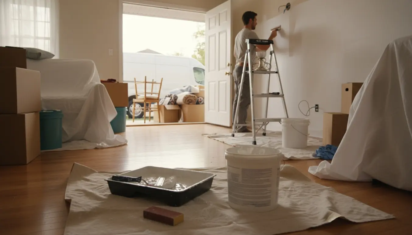 Stue under oprydning efter flytning med maler- og reparationsværktøj og storskrald ved døren.