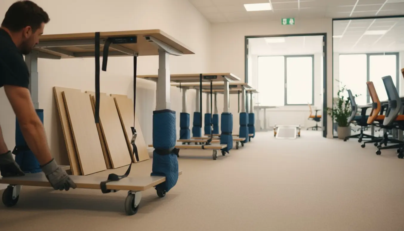 Flytning af flere hæve-sænkeborde mellem kontorer med flyttevogne og beskyttelsesdyner.