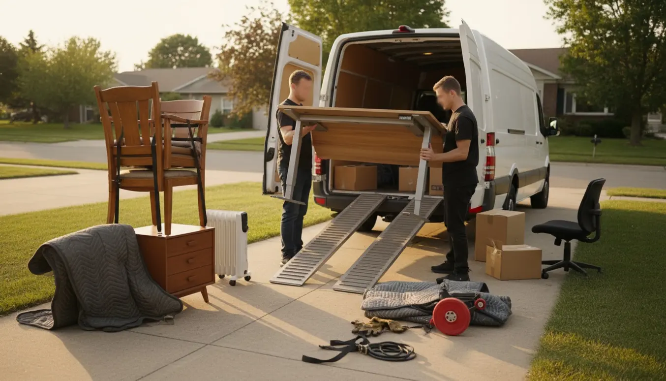 To personer læsser et hæve-sænkebord, stole og møbler ind i en varevogn klar til afhentning af storskrald.