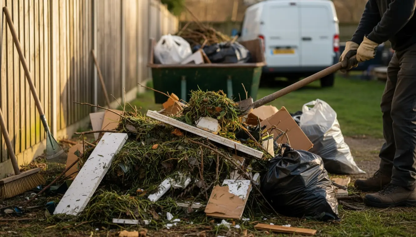 Person læsser trillebør med blandet have- og byggeaffald i en baghave.