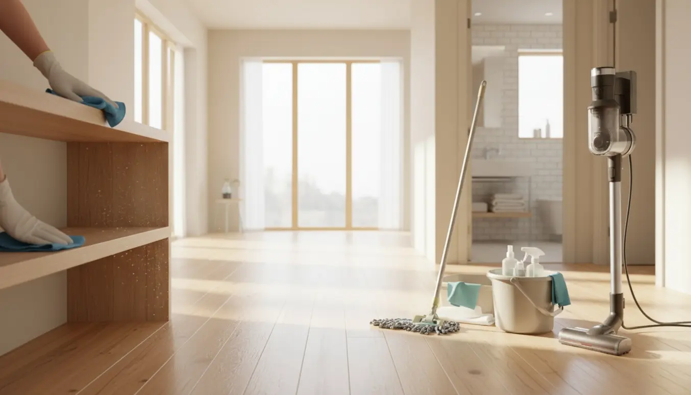 Lys, ryddelig stue med rengøringsredskaber — støvsuger, moppe og klud — klar til grundig husrengøring.