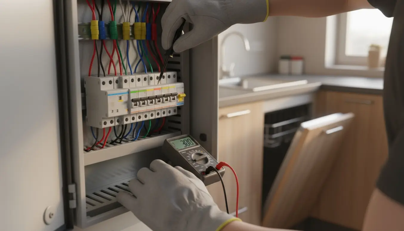 En elektriker flytter afbrydere i et åbent el-skab med en opvaskemaskine sløret i baggrunden.
