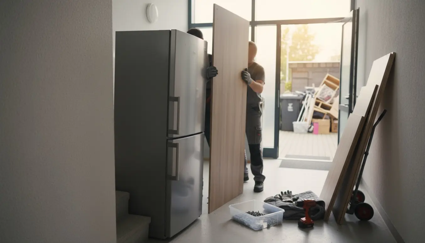 Personer bærer et køleskab ned ad en trappe og transporterer adskilte PAX-skabspaneler mod storskraldsrummet.