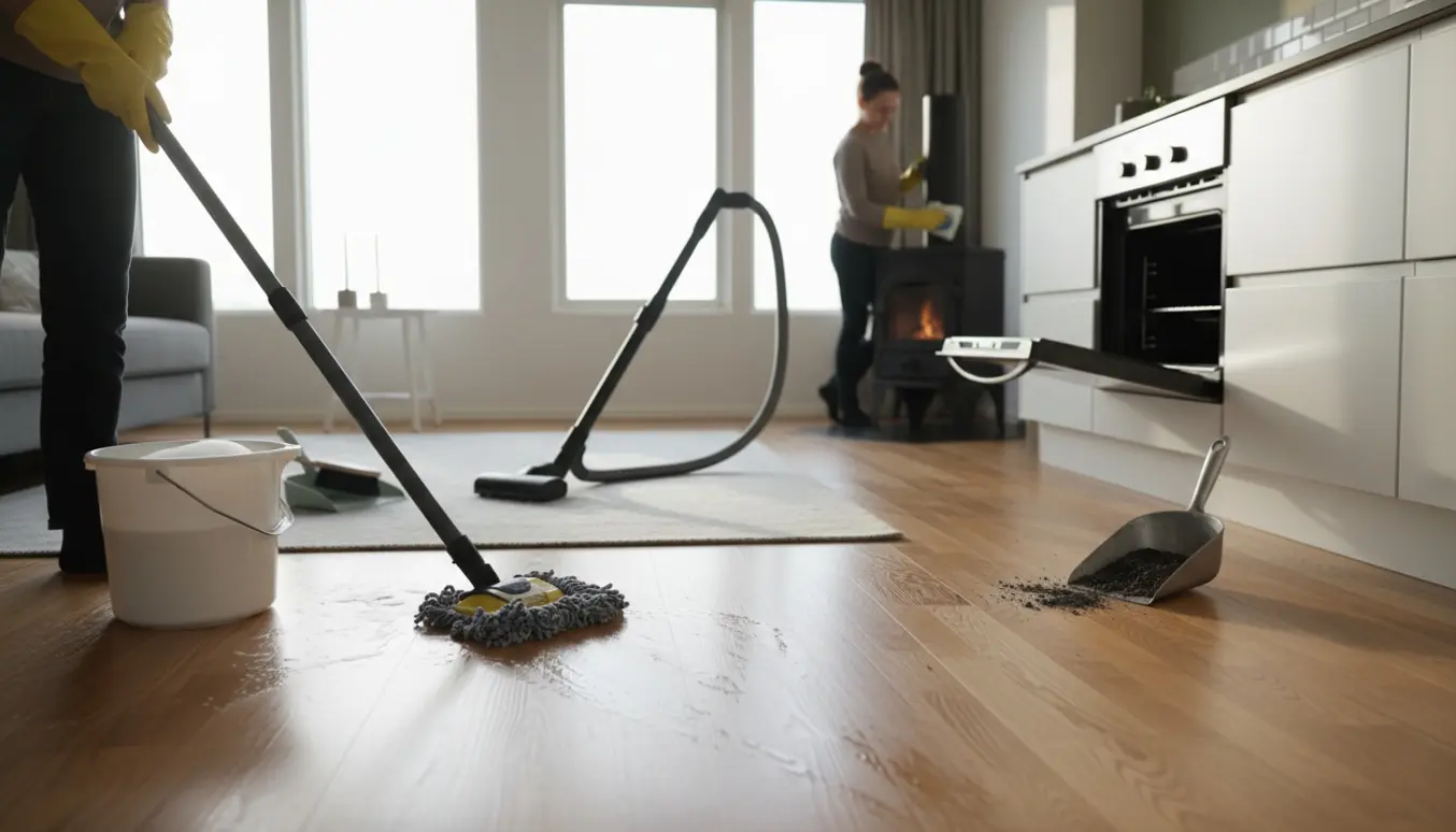 Rengøring i et lyst hjem: mopning af trægulv, støvsuger og rengøring af ovn og brændeovn.