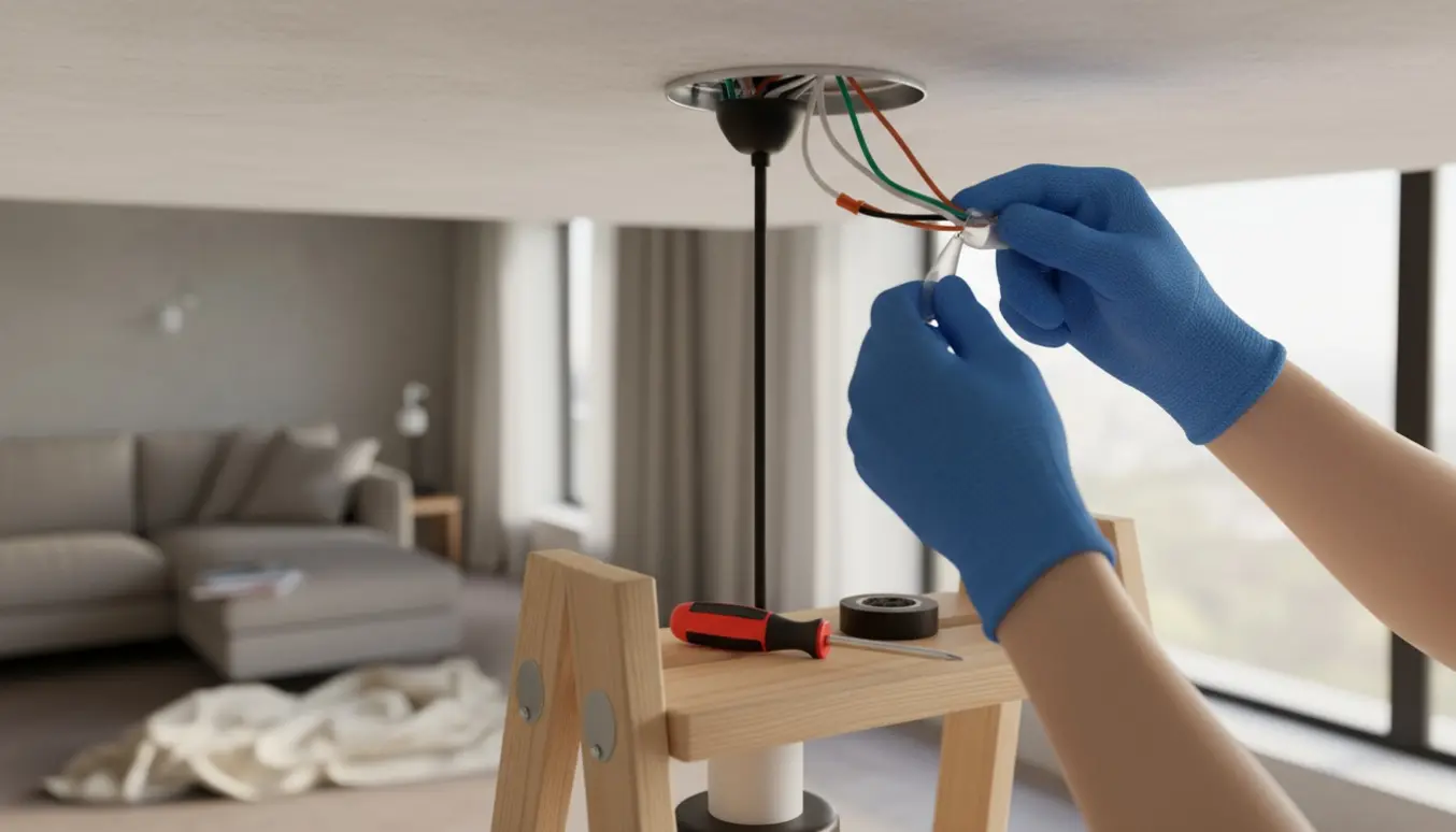 Nærbillede af hænder, der tilslutter ledninger til en loftslampe med værktøj og stige i baggrunden.