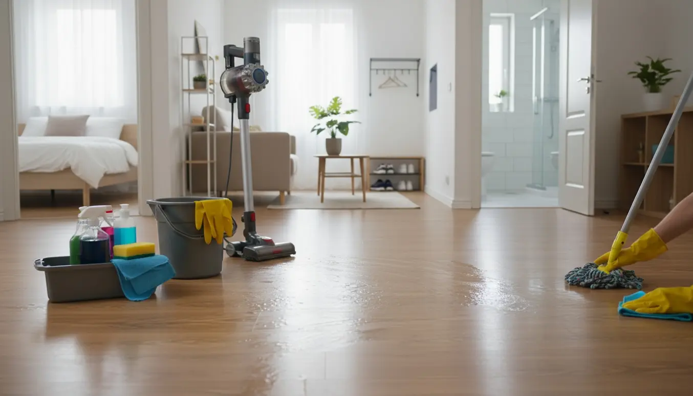 Rengøringsudstyr og en moppe på et nypudset køkken-alrumsgulv i en lys lejlighed.