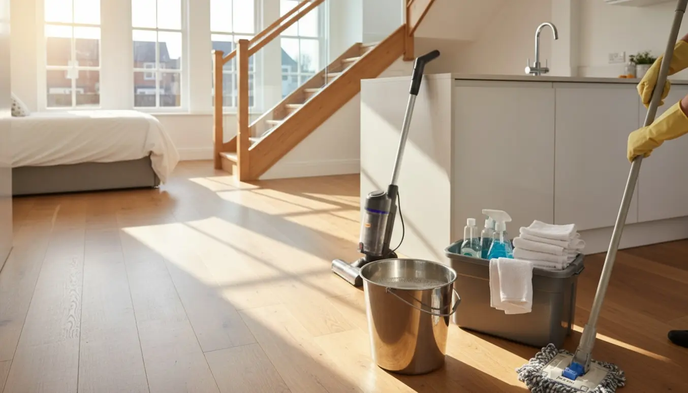 Soloplyst rækkehusinteriør med rengøringsudstyr på gulvet og hænder, der mopper gulvet uden ansigt i fokus.