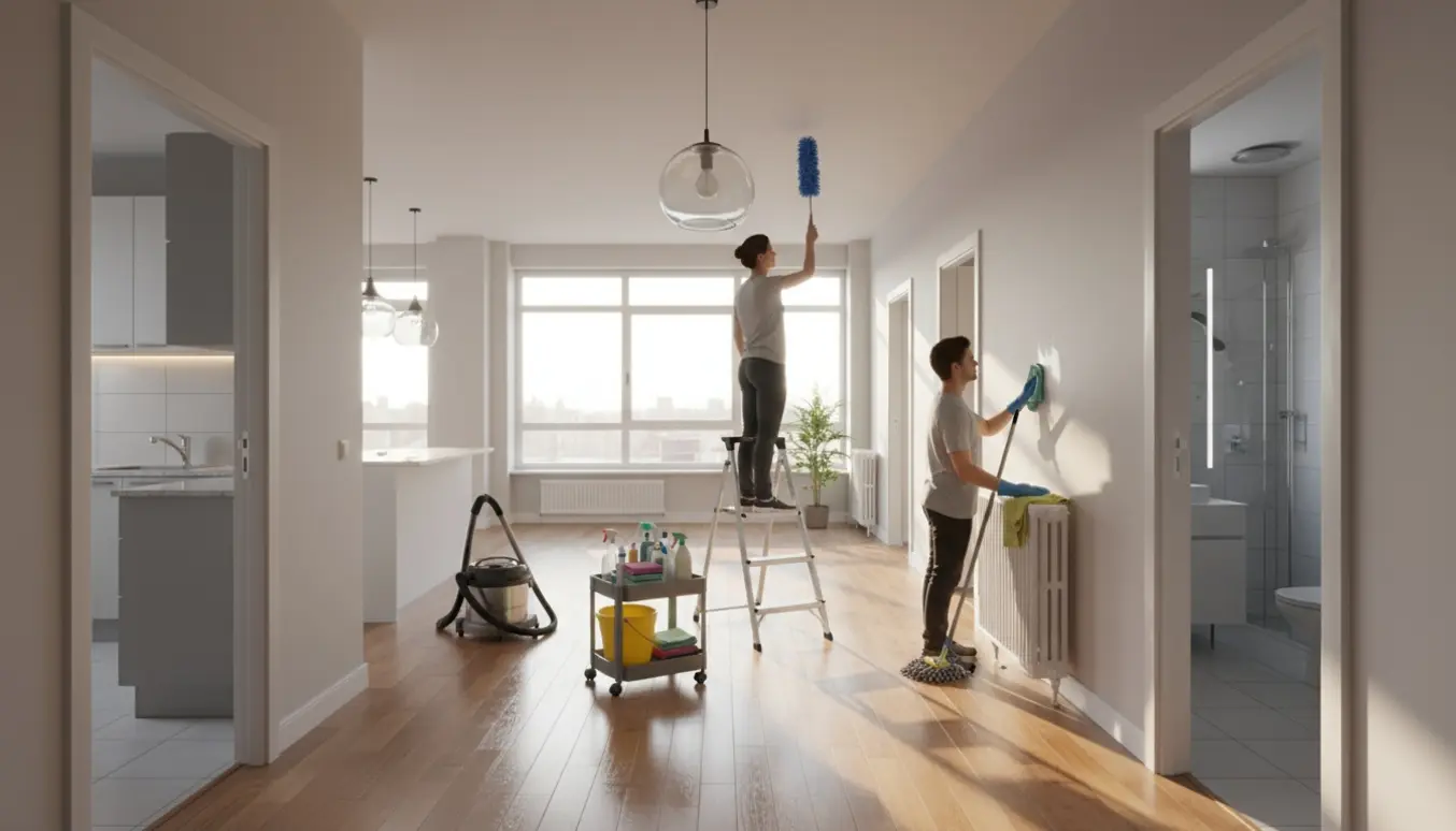 Rummelig lejlighed i forårsrengøring med nystøvsugede gulve, pudsede lamper og rengøringsudstyr.