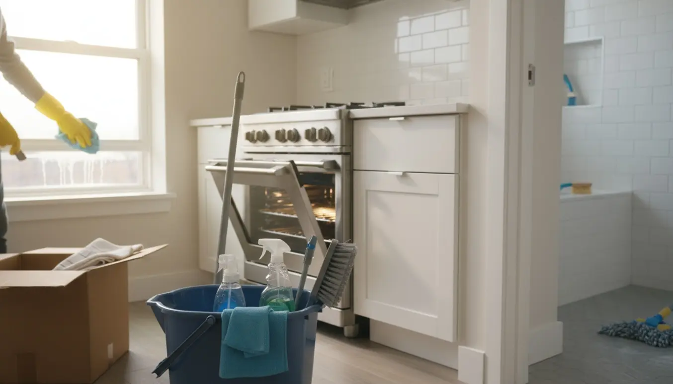 Rengøringsudstyr i en nyindflyttet lejlighed med glimt af nyvasket køkken og skinnende badeværelsesfliser.