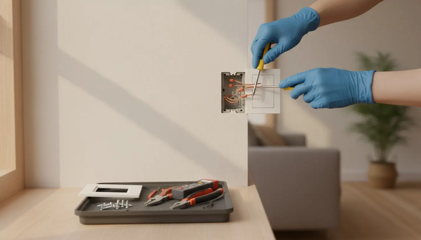 Hænder monterer nye lysafbrydere i en væg med værktøj i naturligt dagslys.