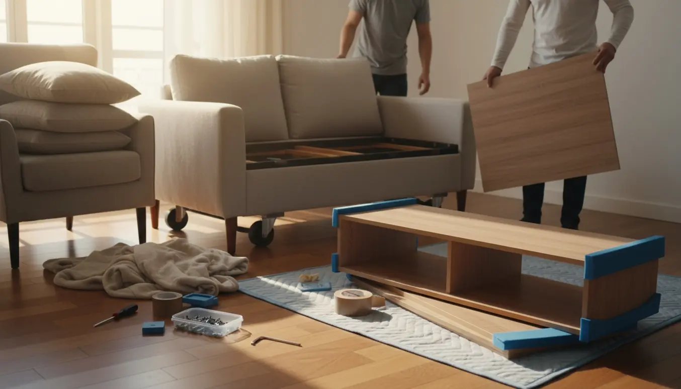 To personer flytter en delvist demonteret sofa og et skilt tv-møbel i en lys og ryddelig stue.