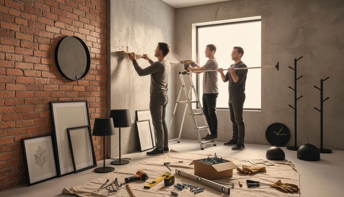 Hænder monterer reoler, billeder og lamper på en beton- og murstensvæg med værktøj og stige i naturligt lys.