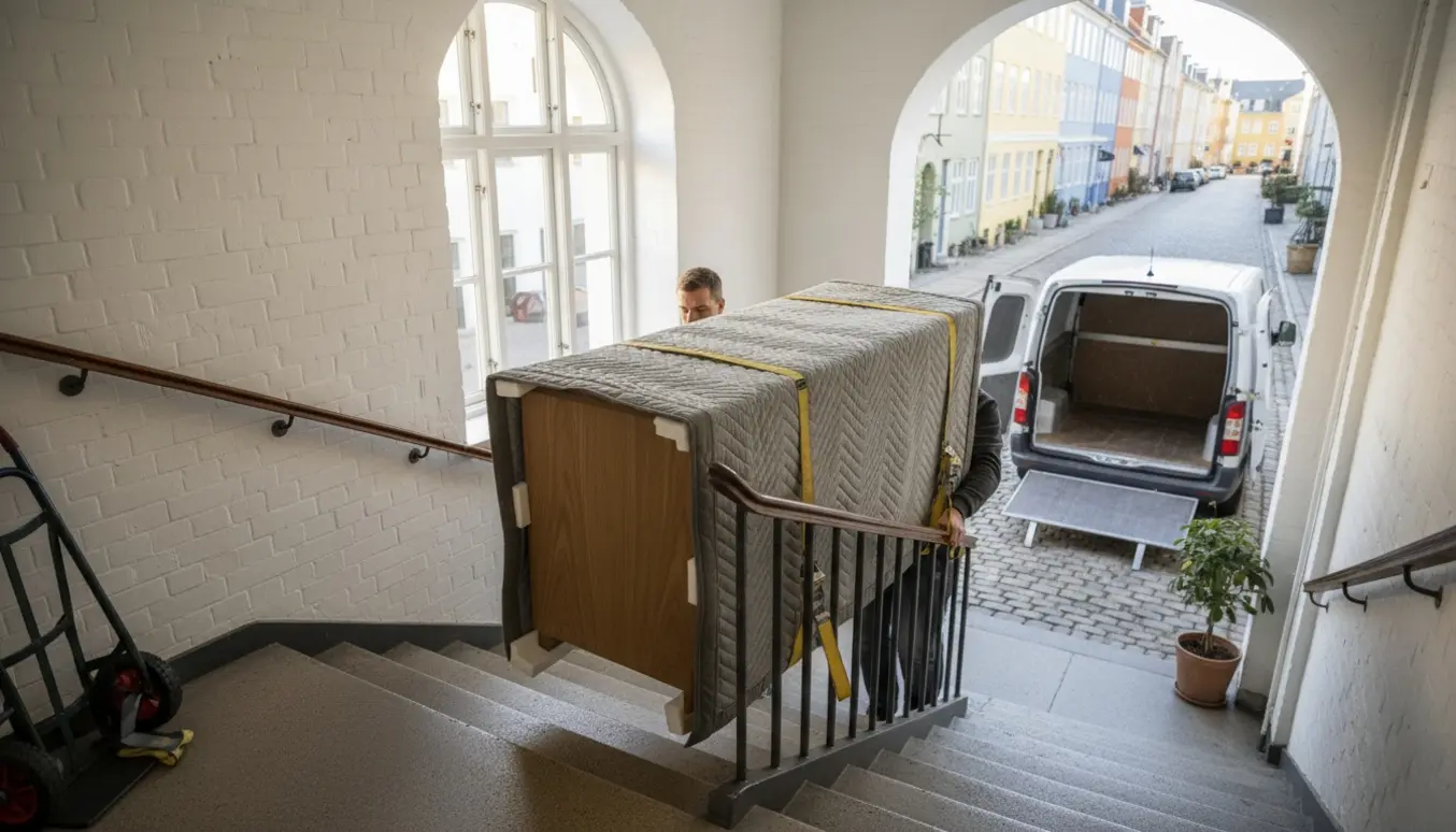 To personer bærer et indpakket, smalt toiletbord fra en lejlighed og læsser det mod en varebil på en stille gade.