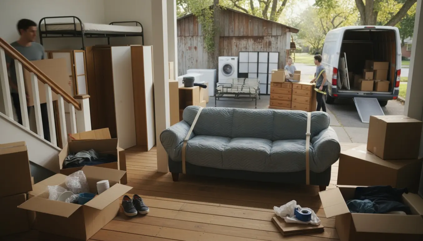 Flyttefolk løfter en indpakket sofa ved entréen med stabler af flyttekasser og hårde hvidevarer klar til transport.