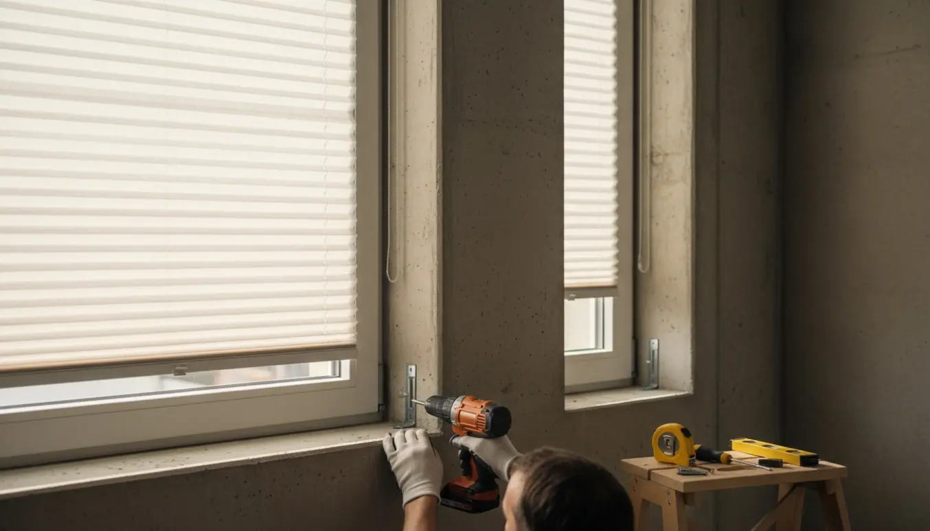 Installatørs hænder monterer plisségardiner i betonvindueskarme med bor og beslag.