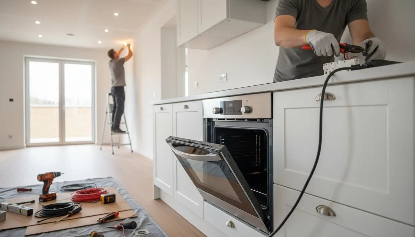 Montering af indbygningsovn og glaskogeplade i køkken, mens fire spotlamper sættes op i gangen.