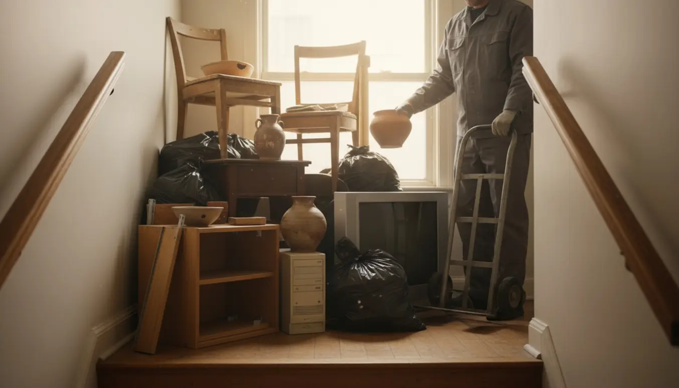 Repos i trappeopgang i villalejlighed med storskrald som keramik, elektronik og små møbler klar til afhentning.