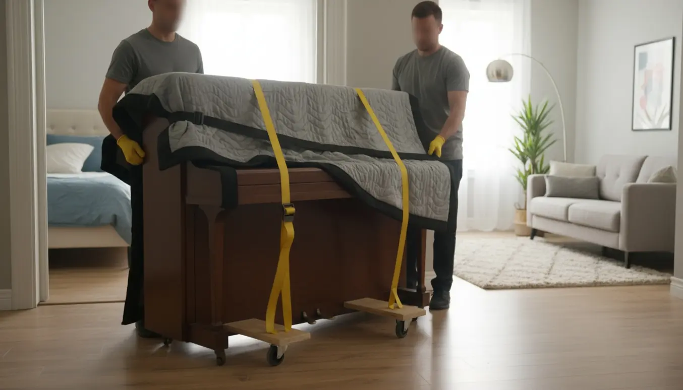 To personer flytter et klaver gennem en døråbning ind i en lys stue med tæpper og flytteudstyr.